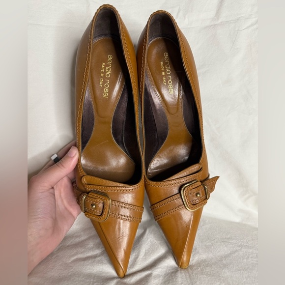 Sergio Rossi Caramel Brown Leather Pointed Toe Buckle Heels - Picture 3 of 12